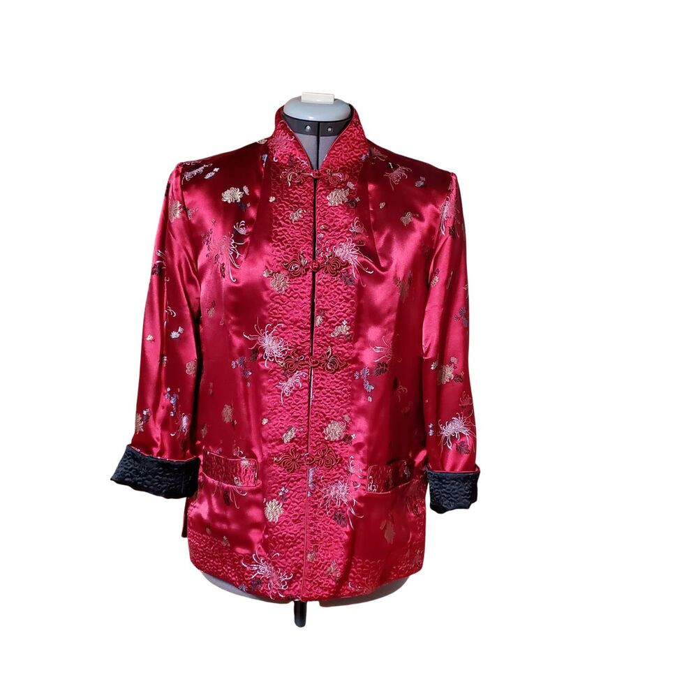 Vtg Peony Reversible Chinese Satin Tang Jacket Red Black Embroidered